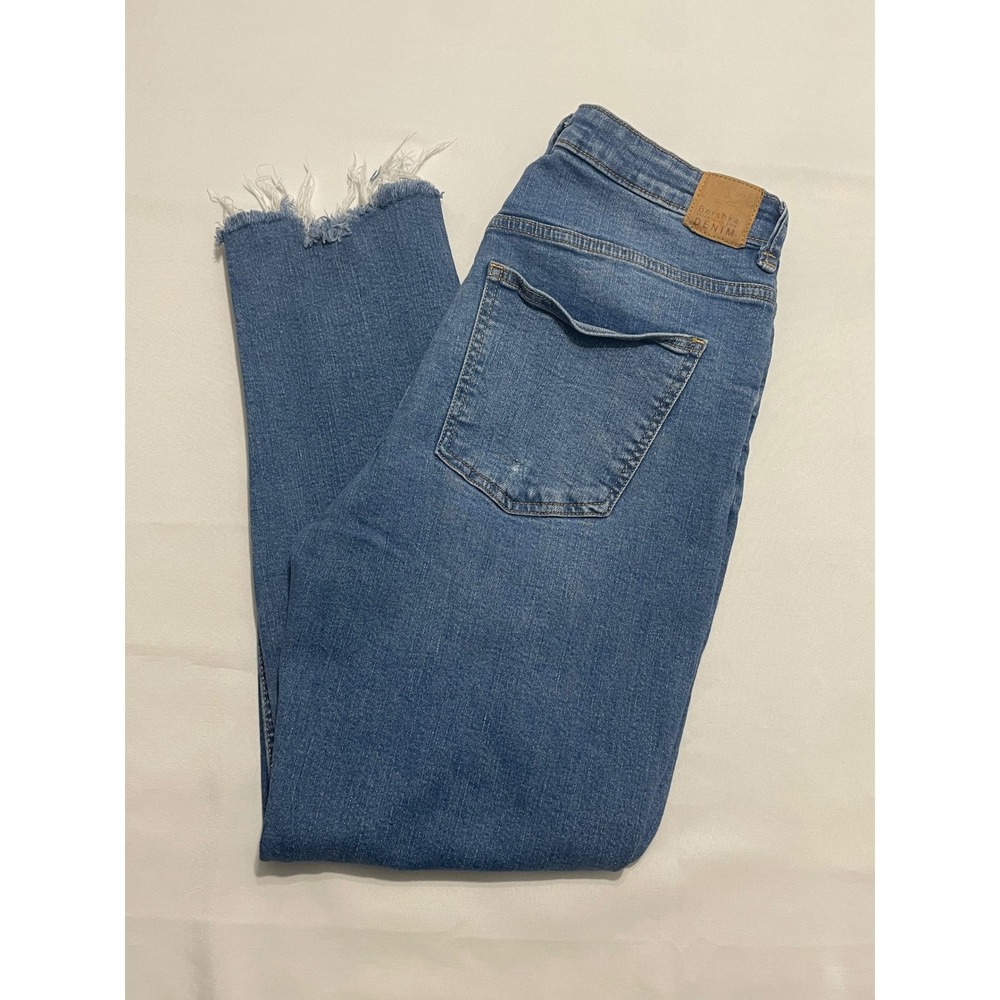 Bershka Low Waist Skinny Distressed Jeans Blue Medium Wash Raw Hem Size 10